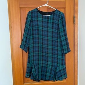 Madewell 90s vibe plaid green ruffle dress